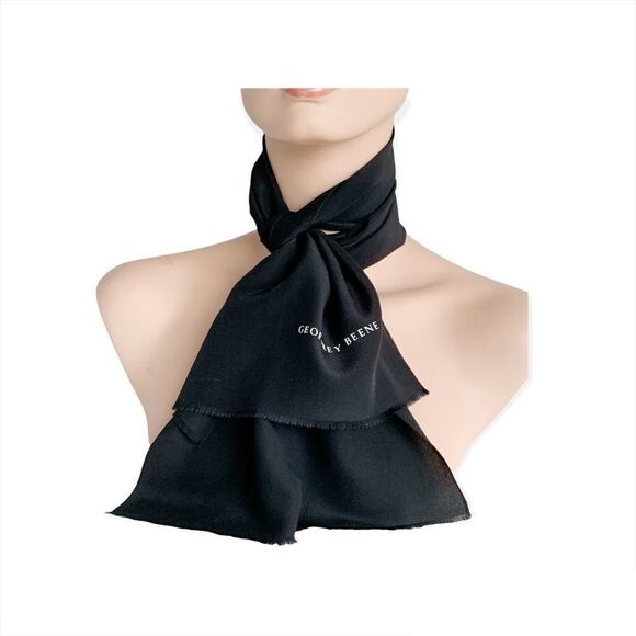 Geoffrey Beene vintage black silk scarf with white logo fringe 11" x 46" mint - Picture 1 of 6